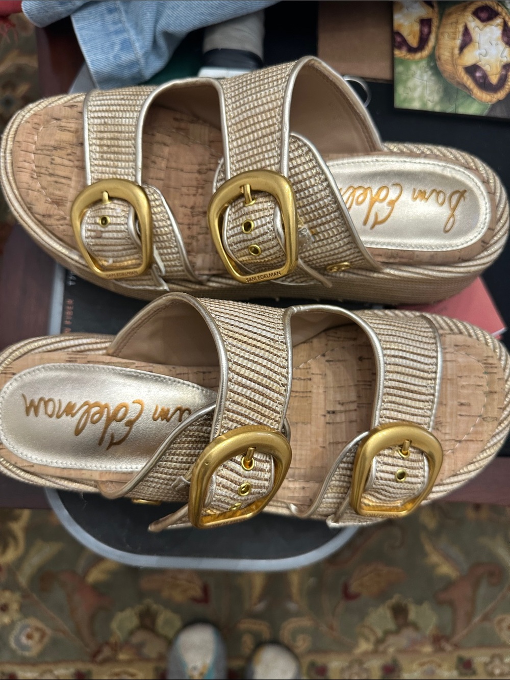 Sam Edelman Metallic Gold Cork-Platform Double Buckle Sandals